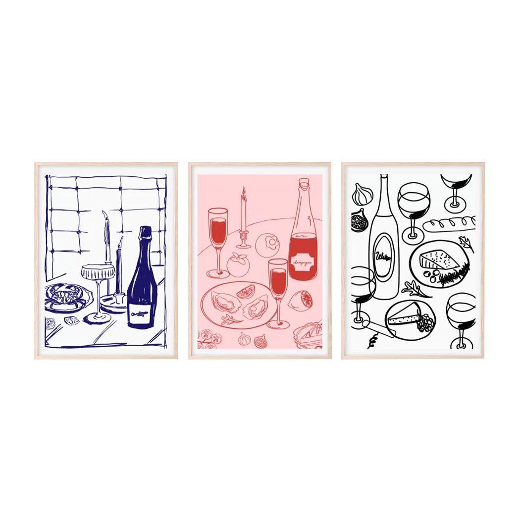 Set posters - wijn & krab, kaas, oesters